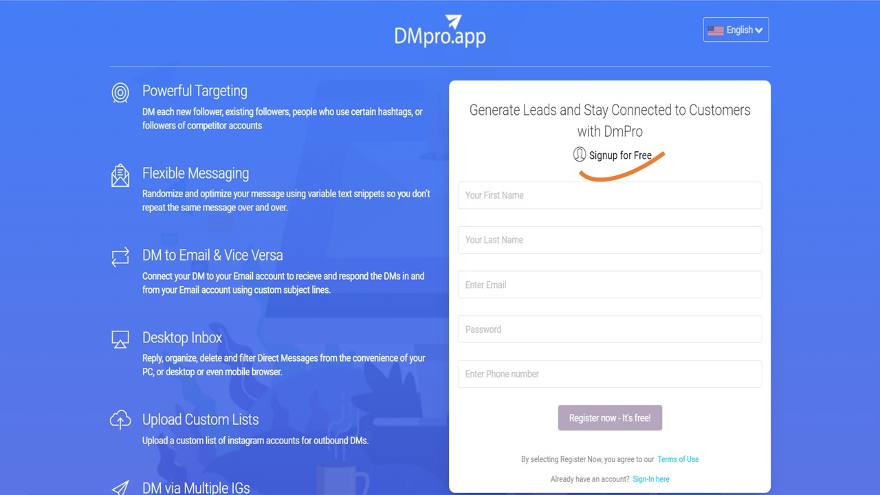 sign up on DMpro for free