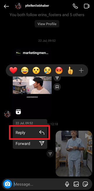 How to Send Videos on Instagram DM - tap on reply