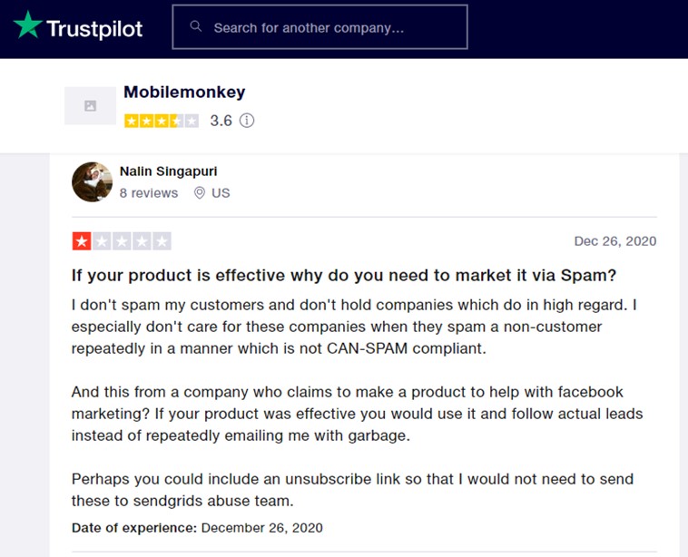 Trustpilot reviews for mobilemonkey