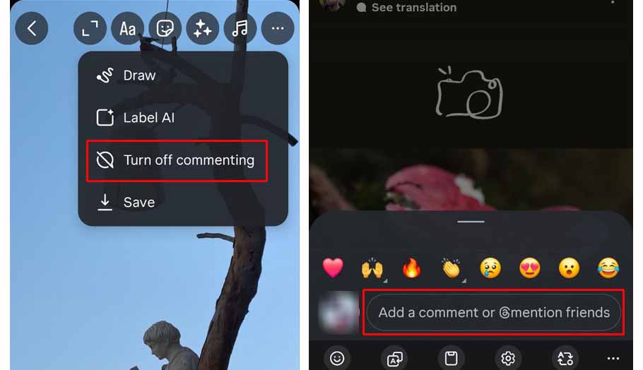 sample of comments on Instagram story