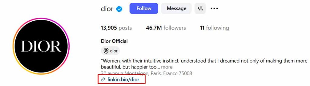 sample of link in bio tool on Dior Instagram