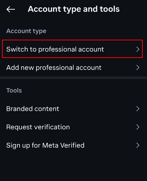 Switch to professional account on Instagram