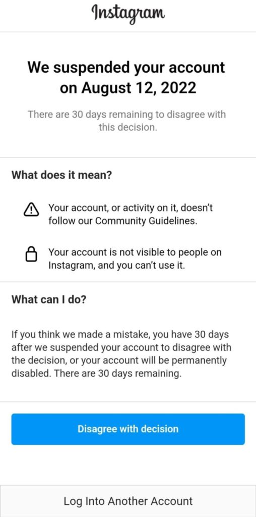 Instagram DM ban message