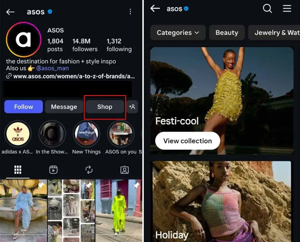 Instagram shop feature on ASOS page