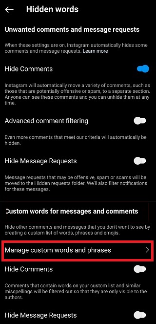 How to Hide Messages on Instagram - tap on manage custome words