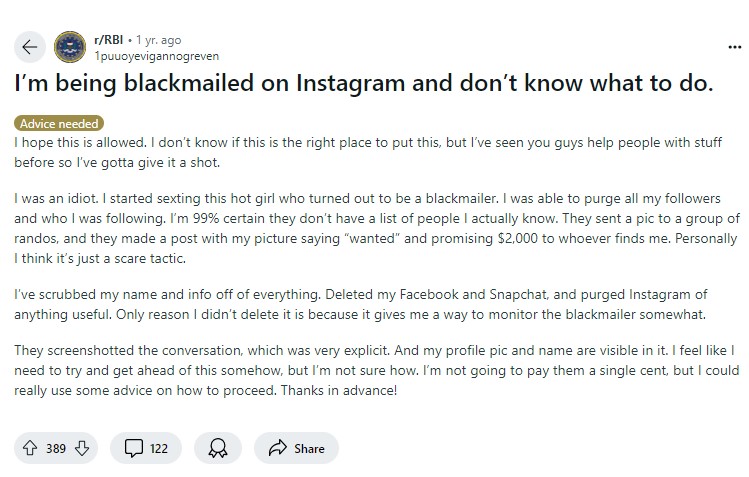 A reddiit post about blackmailing on Instagram