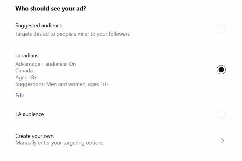 Instagram advertising on the app - selecting target audience
