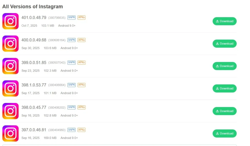 Instagram's older versions