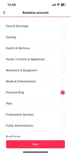 choosing a category for tiktok business account