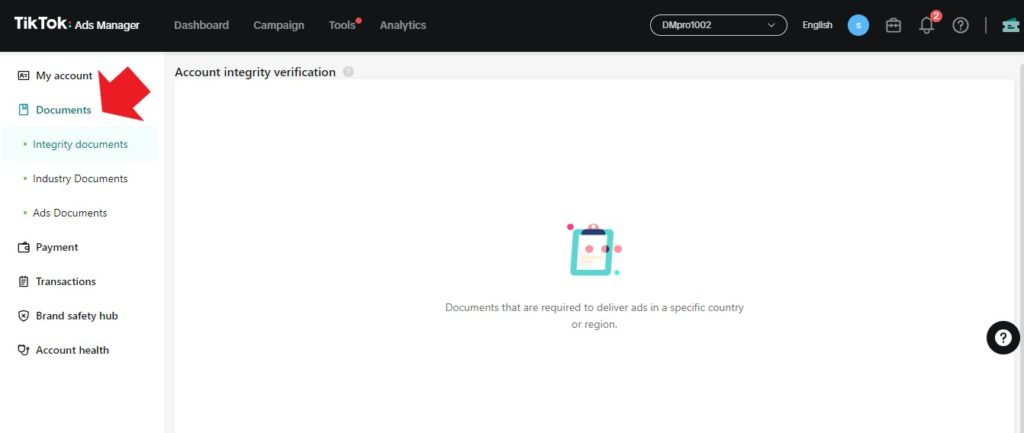 documents on TikTok ads manager