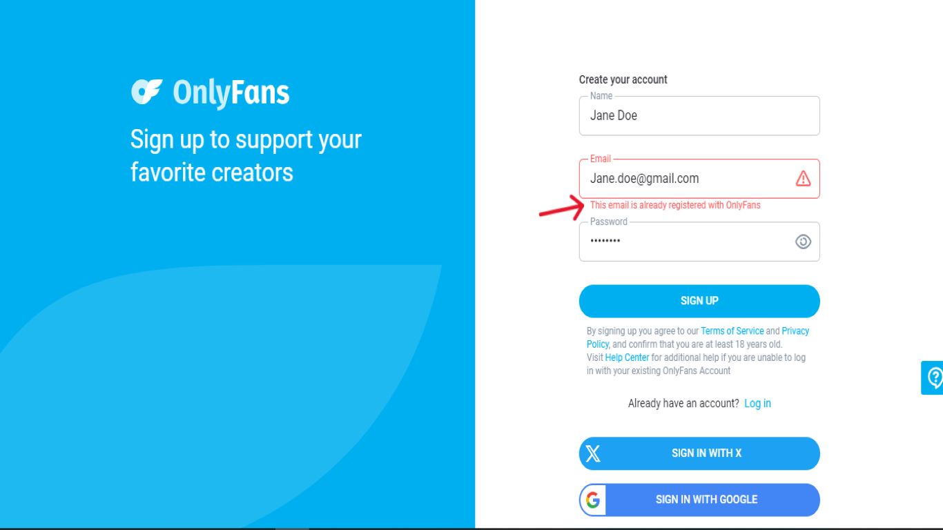 this email is already registered on onlyfans error