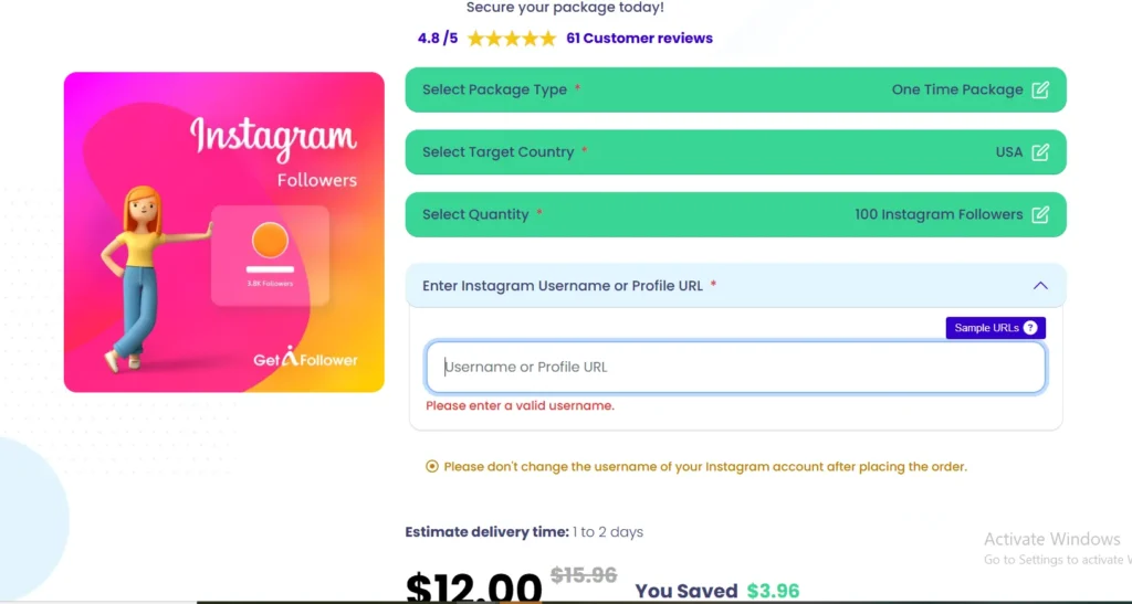 GetAFollower Pricing: Instagram Package Order