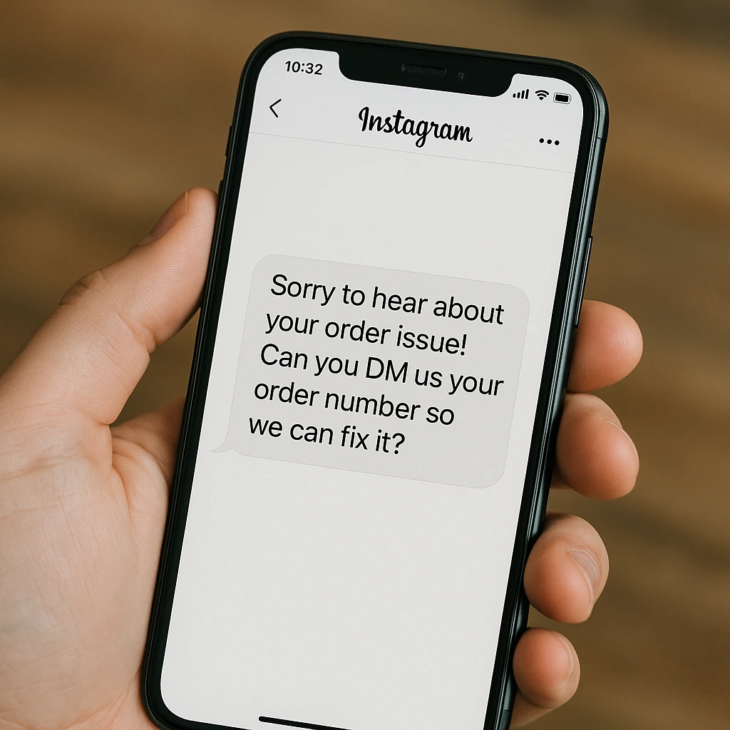 A mobile in someone's hand showing a message showing example 