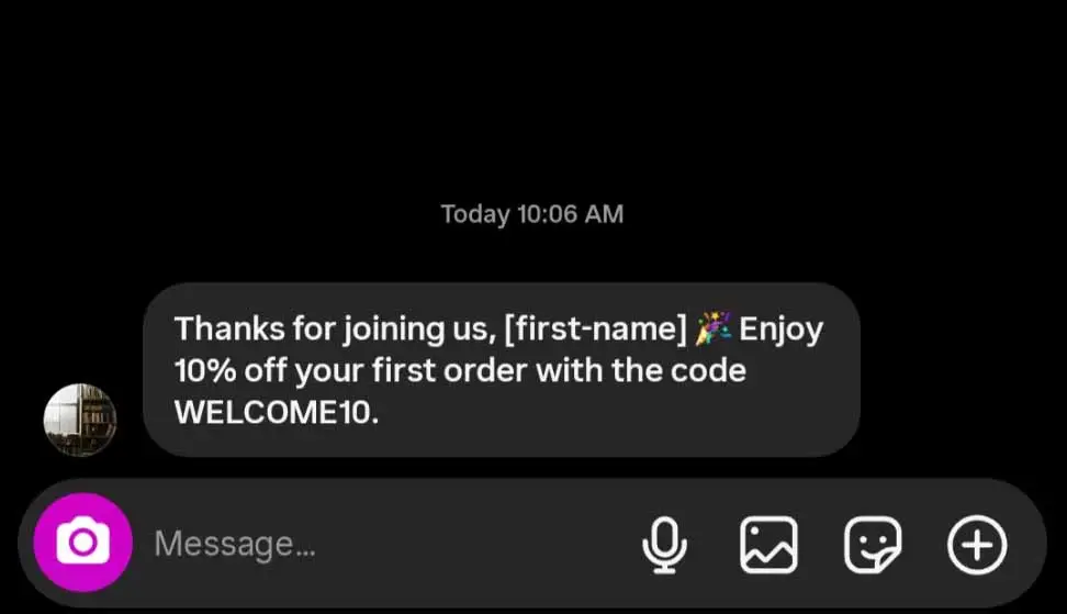 Instagram welcome message example - AI generated