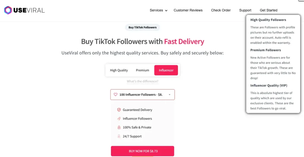 UseViral packages for TikTok followers