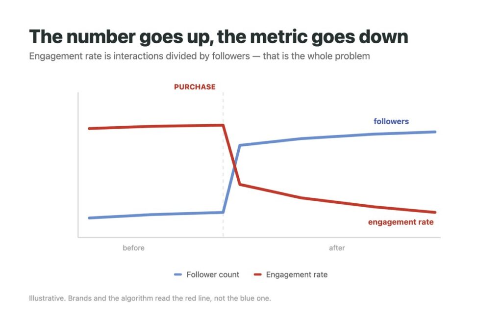 Chart showing follower count rising after a purchase while engagement rate falls
