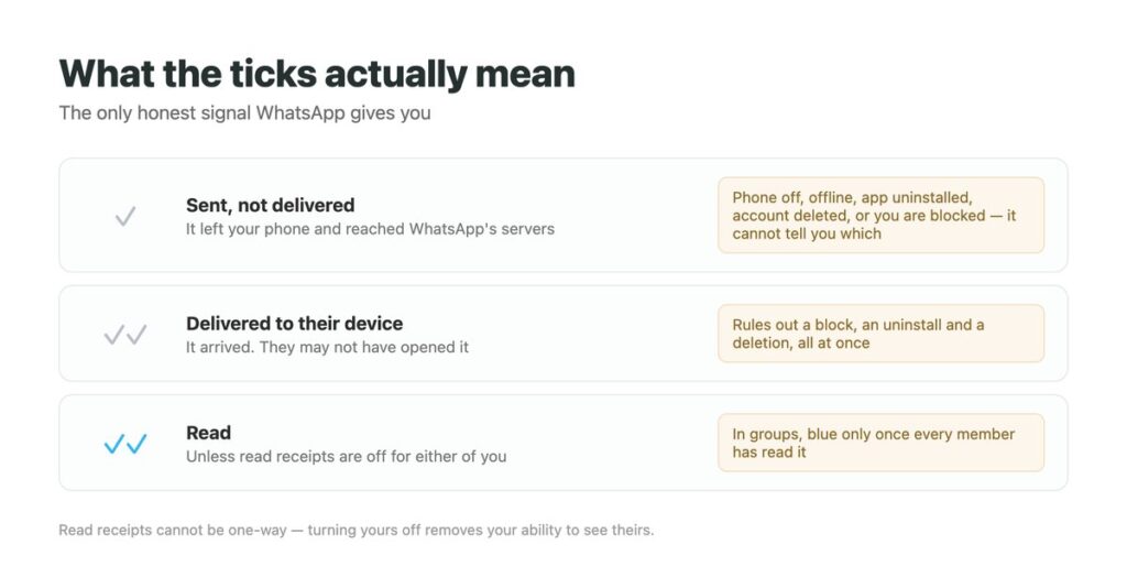 Explanation of WhatsApp message ticks showing one grey tick as sent but undelivered, two grey ticks as delivered